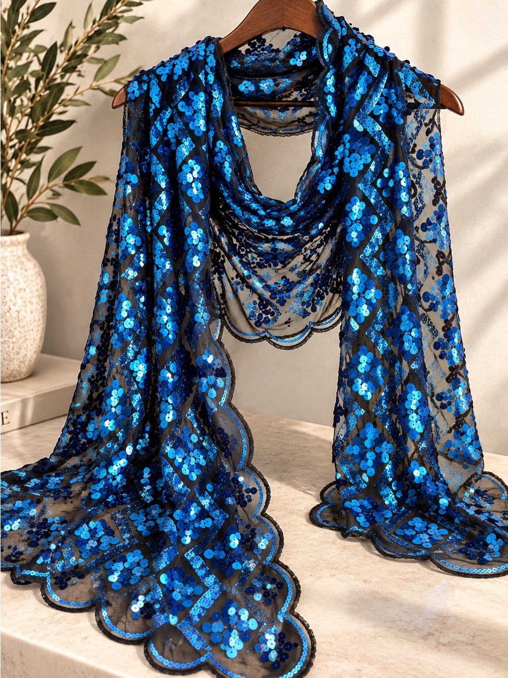Blue Sequin Sheer Mesh Evening Shawl Wrap Scarf Y2K Party Glam 71”